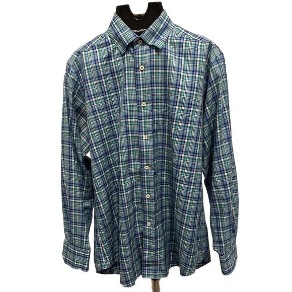 David Donahue Dress Shirt Mens Large Blue Green Plaid 100% Cotton - Picture 1 of 6